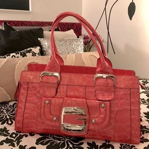GUESS PURSE Large Bright Pink w/Silver Buckle Accents Silver “G” on front flap